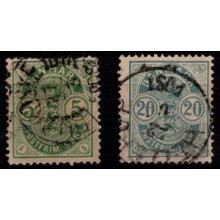 1882. Danmark. 5 øre grøn & 20 øre blå. Våbentype. Små Hjørnetal. 