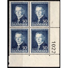 H.C. Ørsted. Postfrisk variant, afskåret"S",  4-blok med marginalnummer 1022.