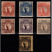 Kong Gustaf V. Lot med 7 stk. forskellig mærker, ustemplet.